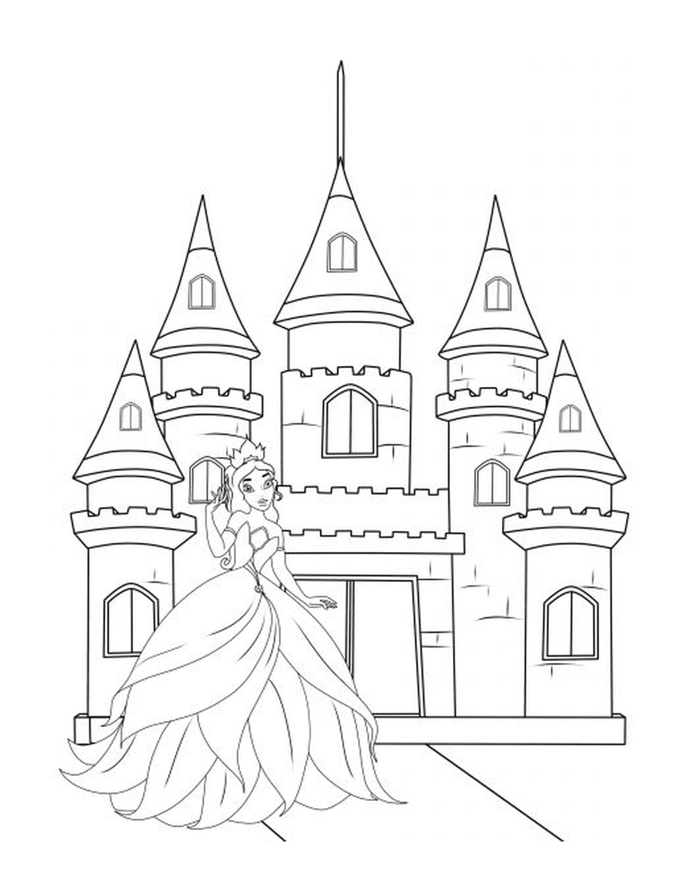  Uma princesa em pé na frente de seu castelo, como Barbie 