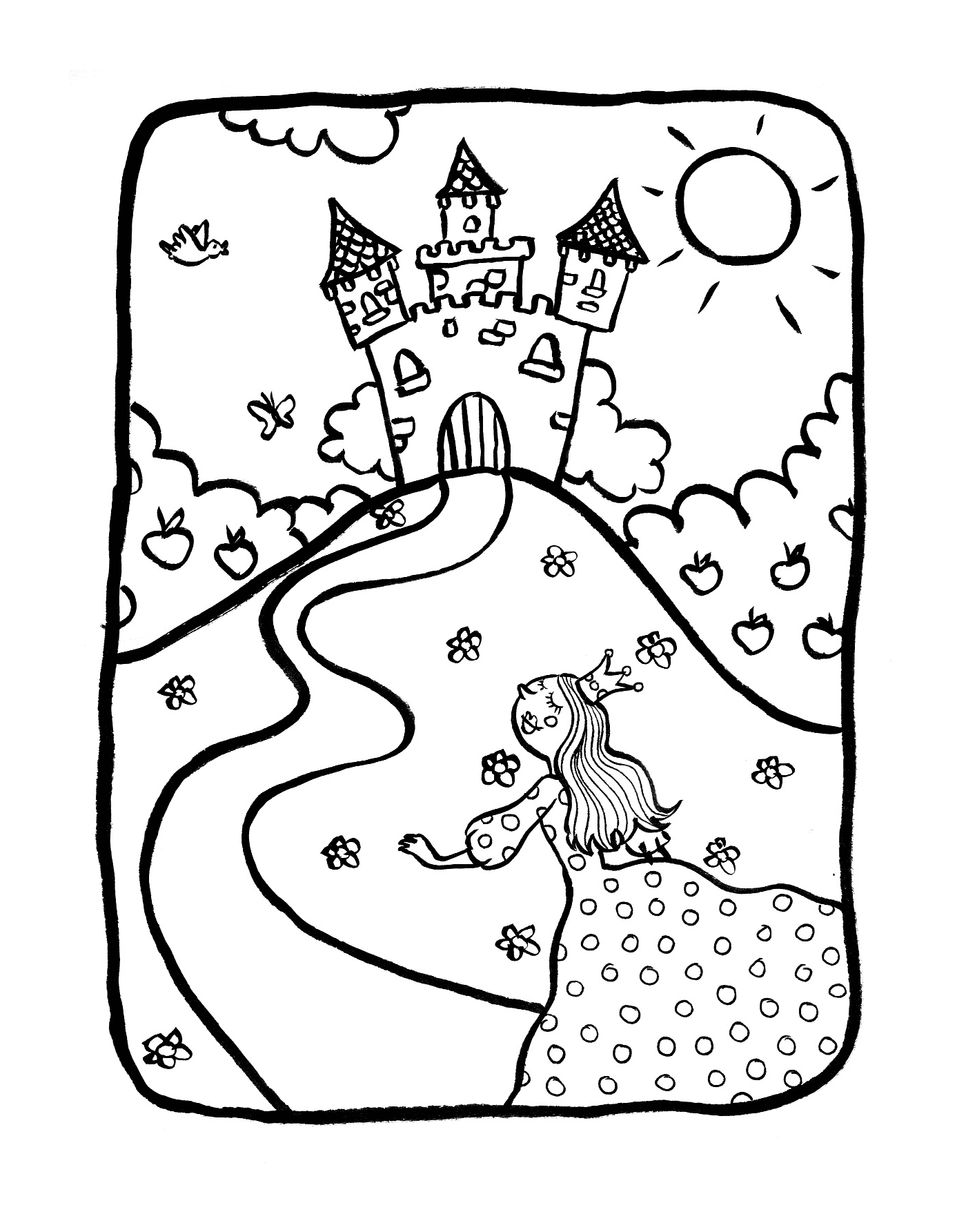  Uma menina na frente de um castelo com princesas 