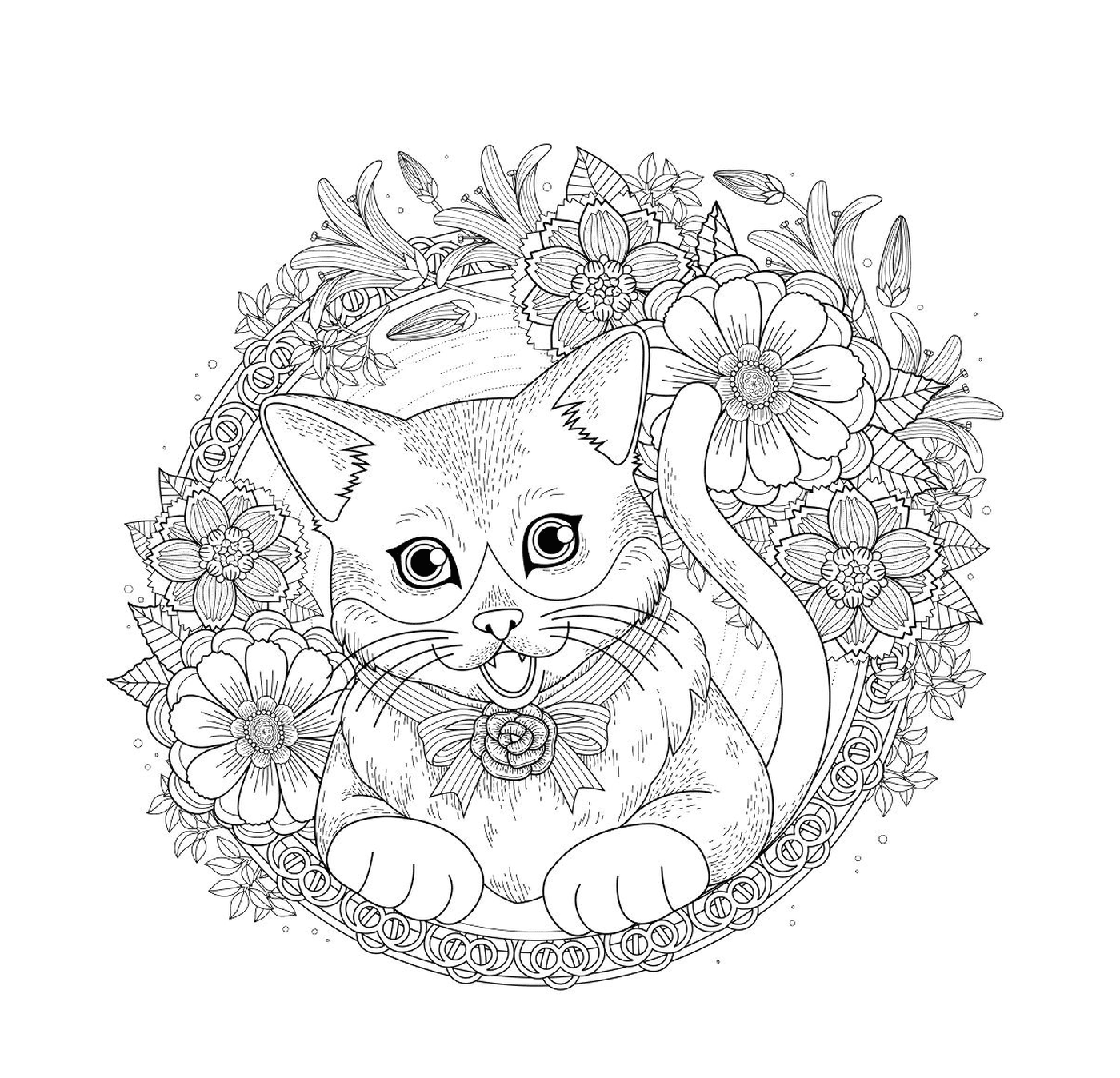  Um gato mandala com flores e rosas 