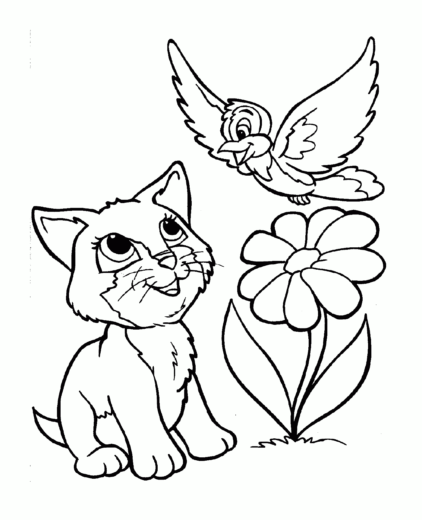  Um gato amigável com um pássaro sentado ao lado de uma flor 
