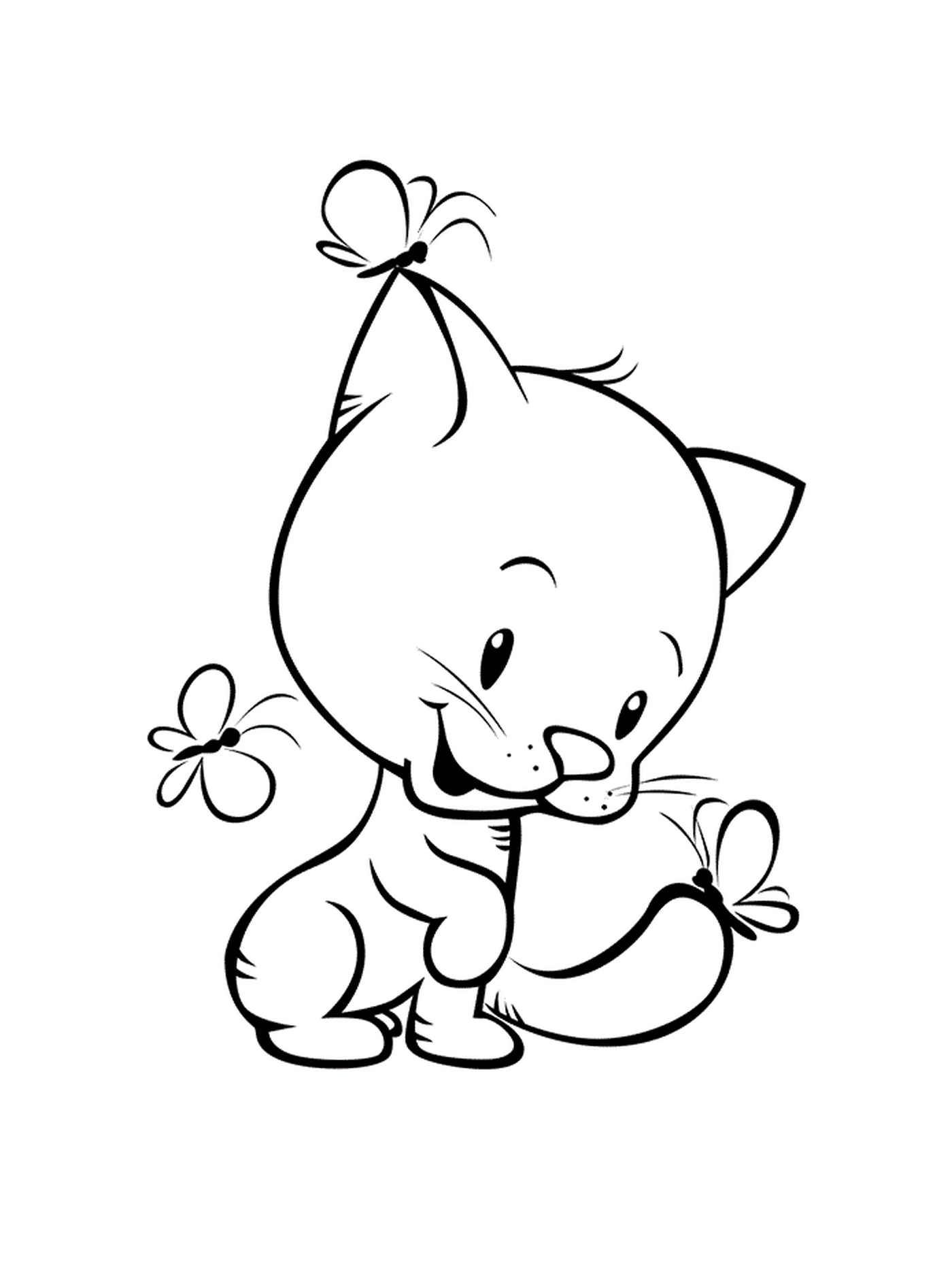  一只小小小猫,有蝴蝶和花朵 