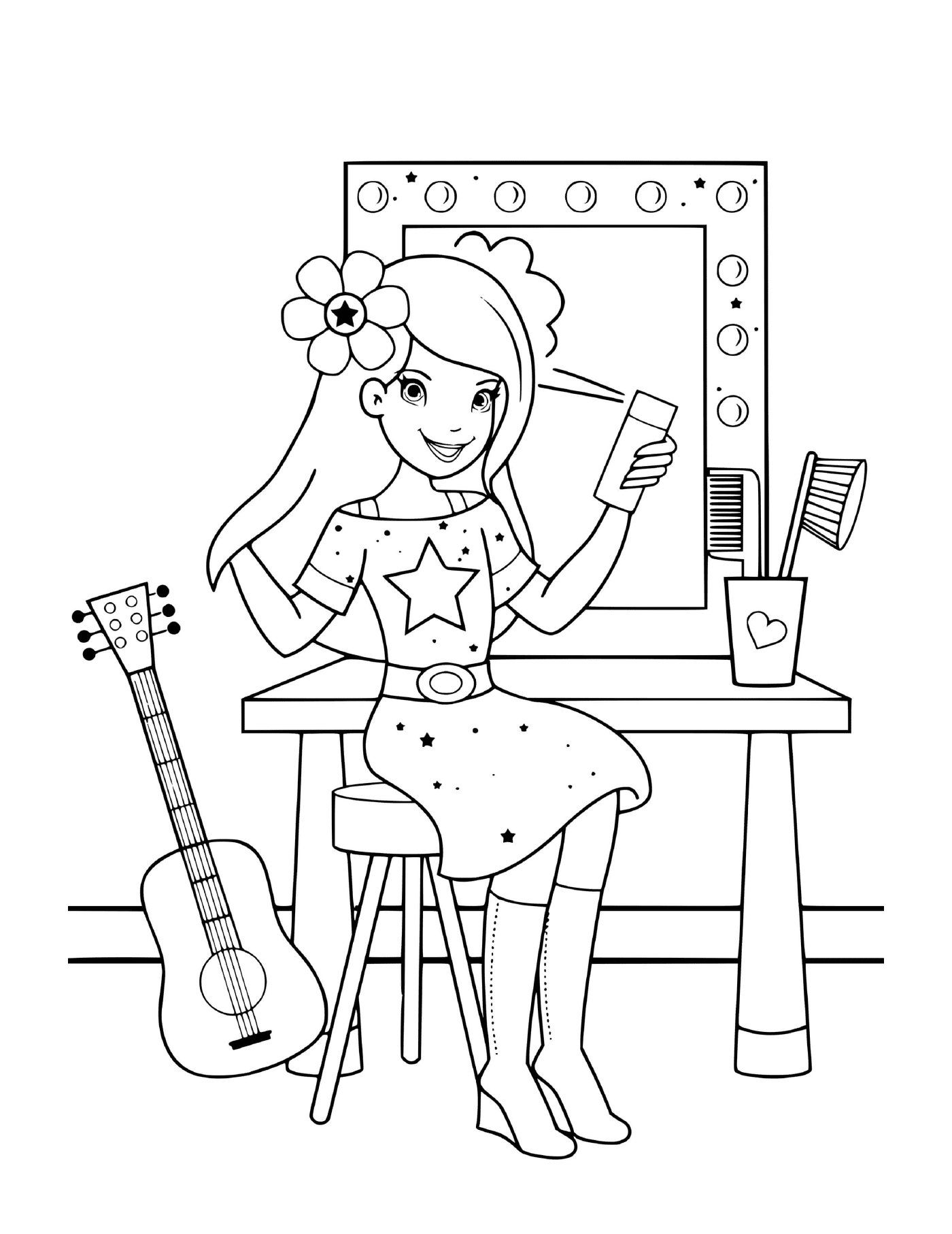  Uma menina se preparando para seu show de música com uma escova de cabelo 