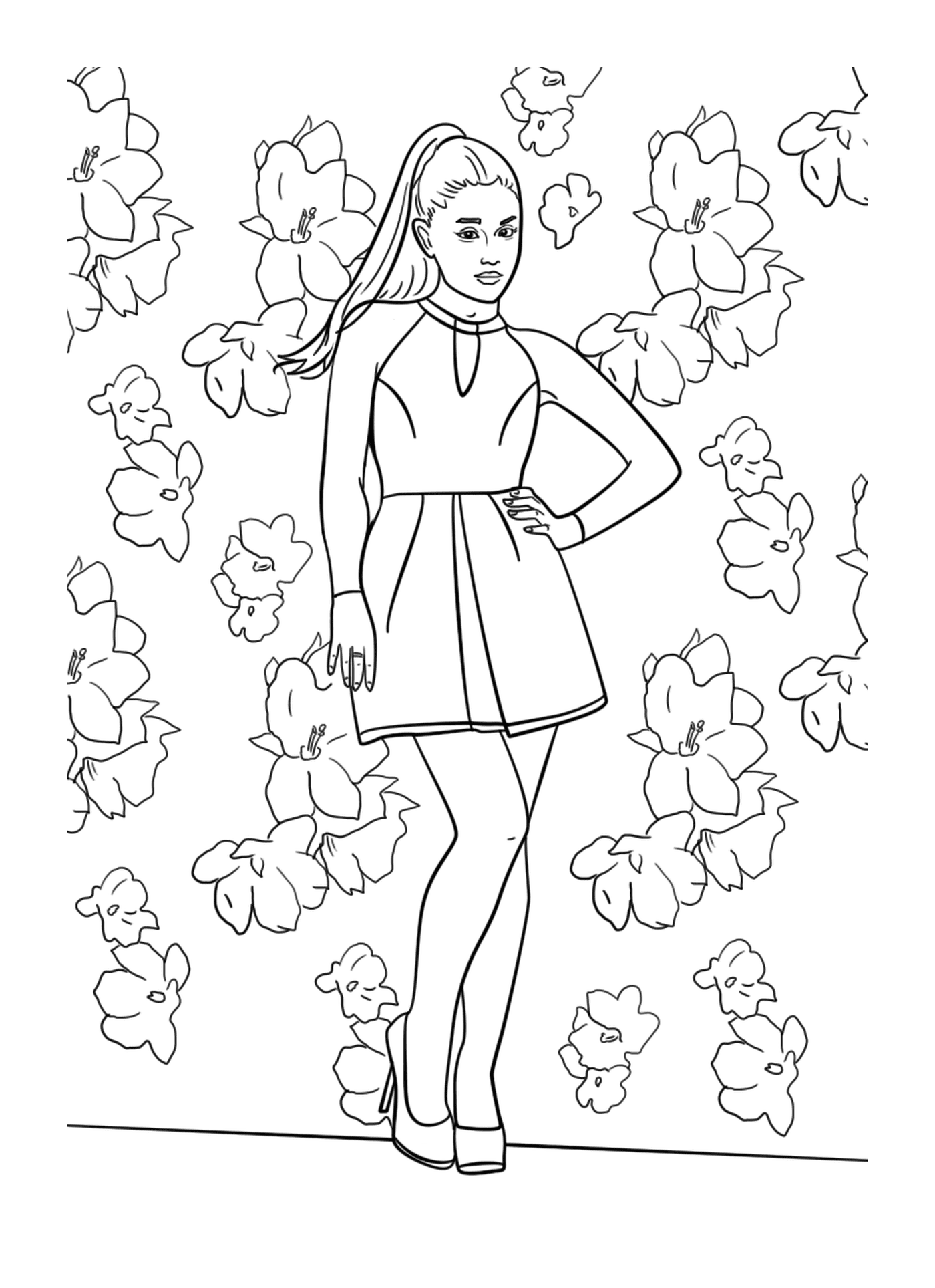  Uma mulher de pé na frente de um buquê de flores 