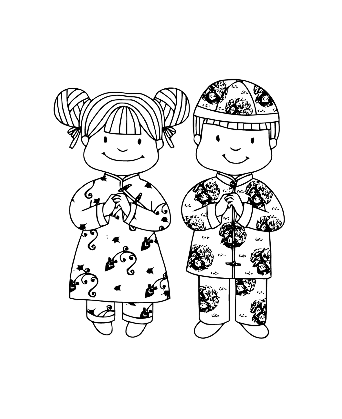  चीनी नए साल के लिए पारंपरिक पोशाक में लड़की और लड़का 