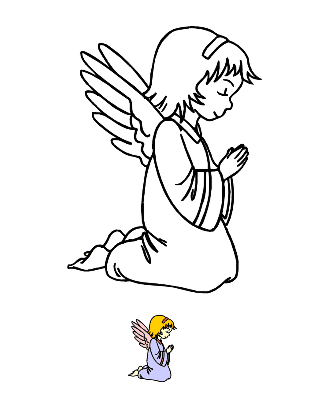  Um anjo ajoelhando-se em oração com um pássaro nas proximidades 