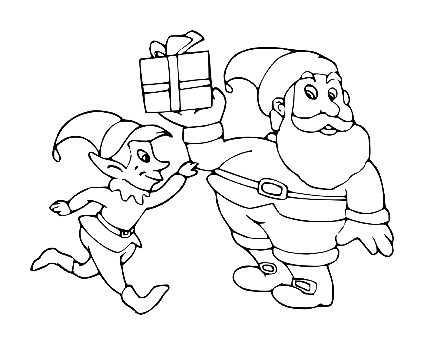  Elfe e Papai Noel tendo um presente 