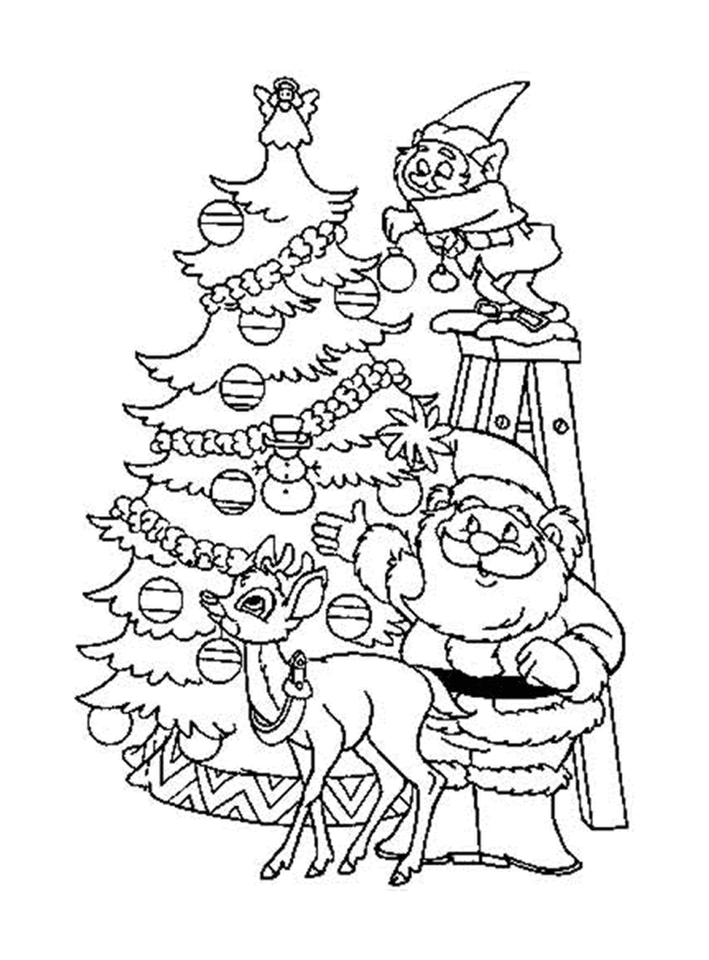 Papai Noel, rena e alce decorando uma árvore bonita 