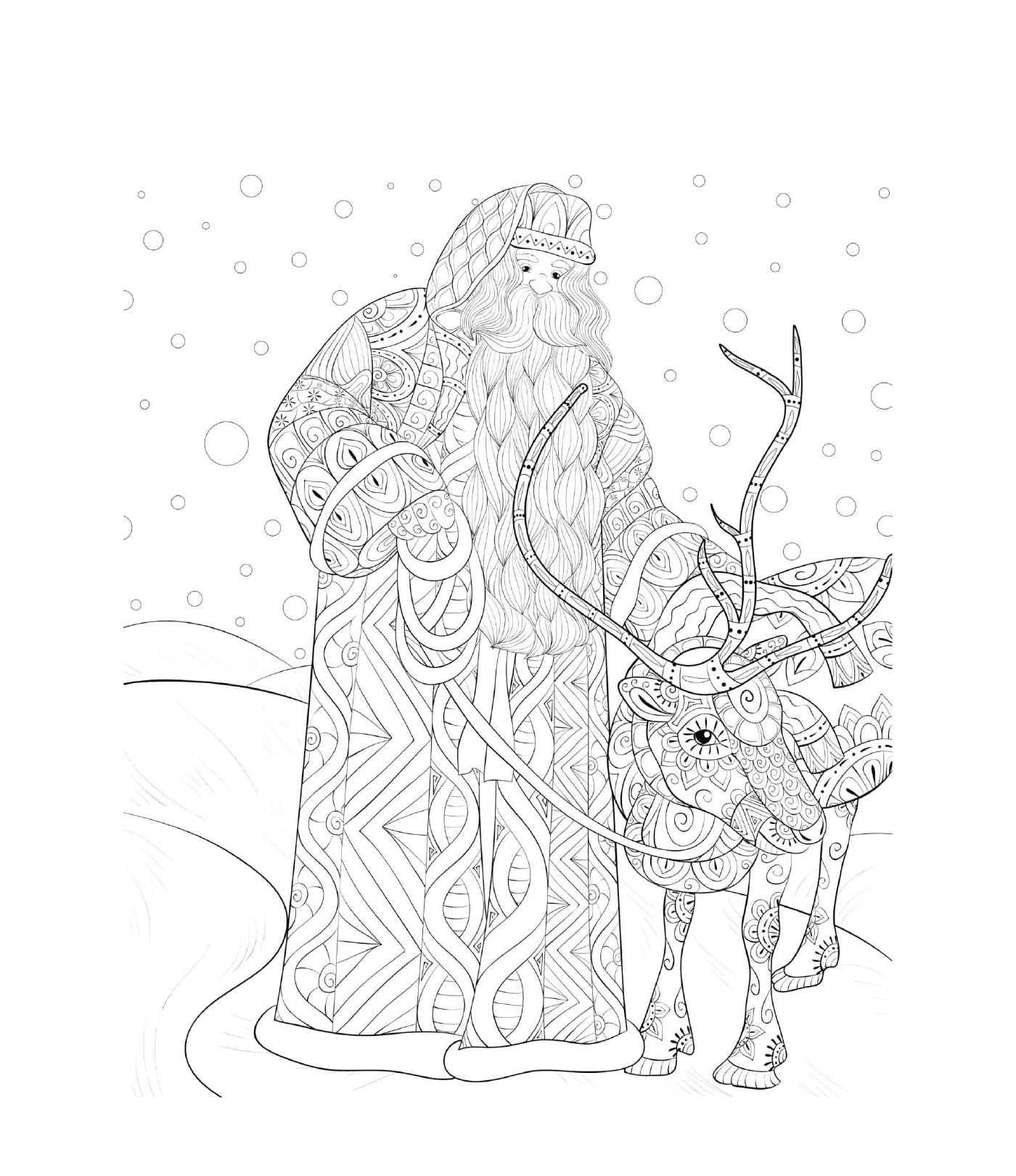  雪地中的圣诞老人和驯鹿 