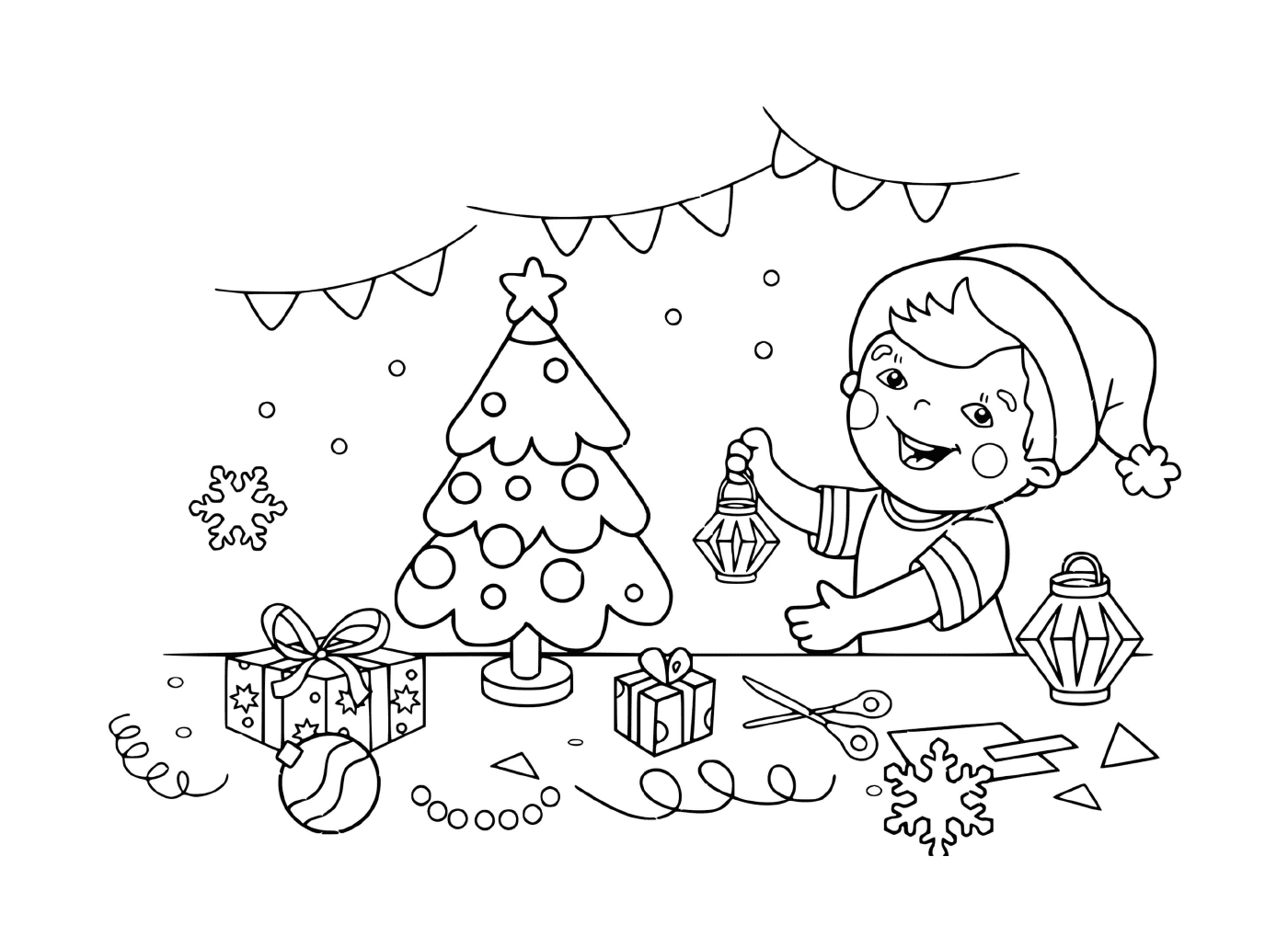  Criança decora uma árvore de Natal com uma vela 