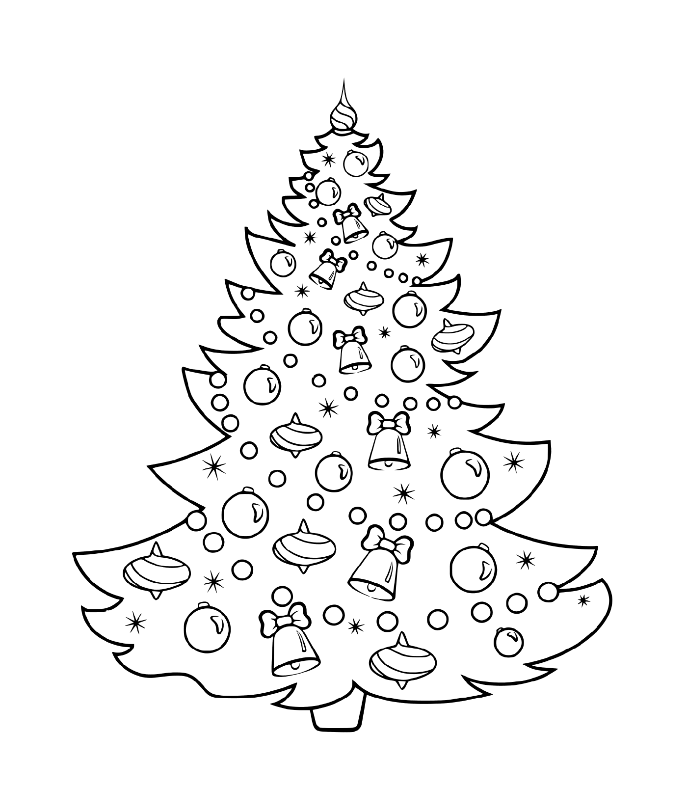  गेंदों, घंटी और कवच के साथ क्रिसमस पेड़ 