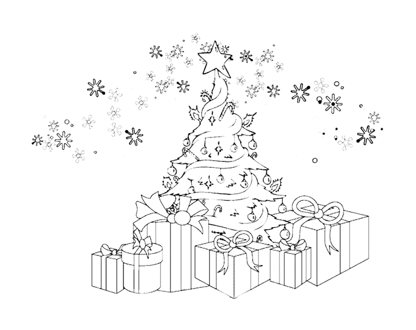  Árvore de Natal com presentes e flocos de neve 