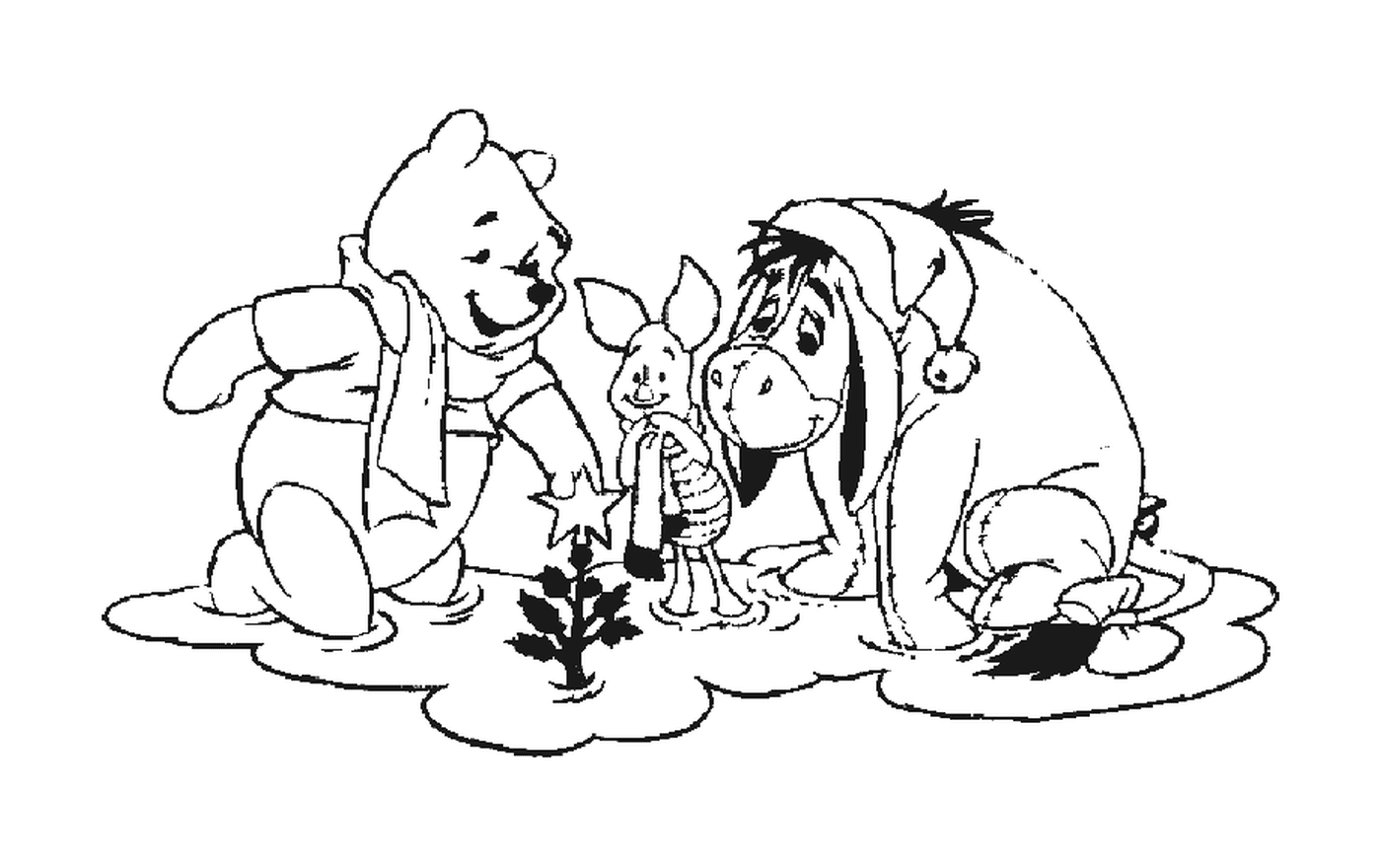  Bourriquet, Porcinet e Winnie na frente de uma árvore 