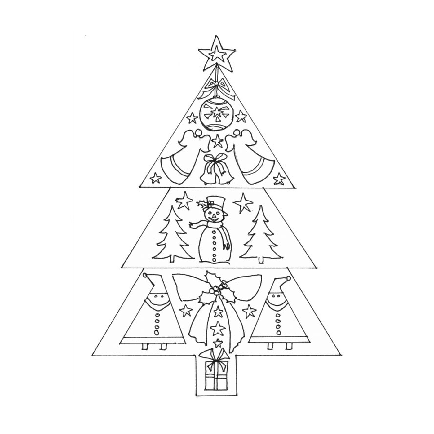  गेंदों और स्वर्गदूतों के साथ क्रिसमस पेड़ 