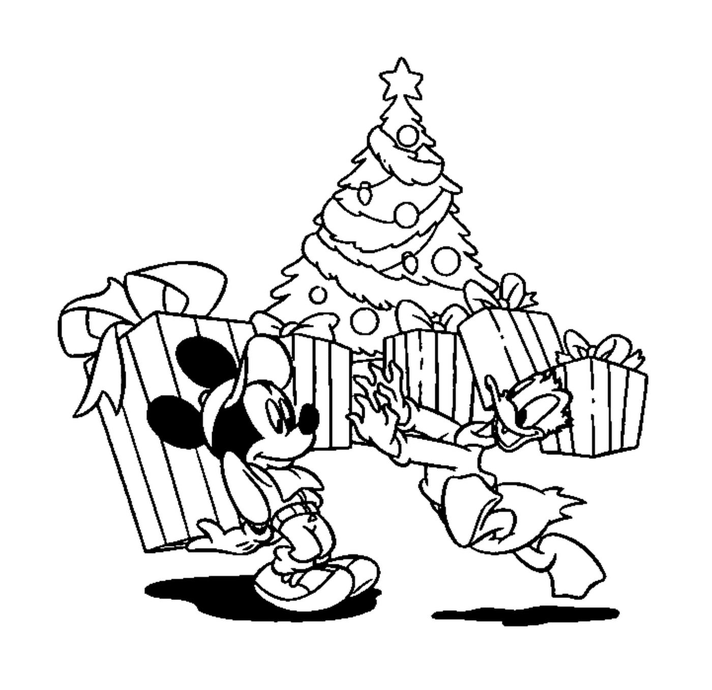  Mickey e Donald com presentes de árvore de Natal 
