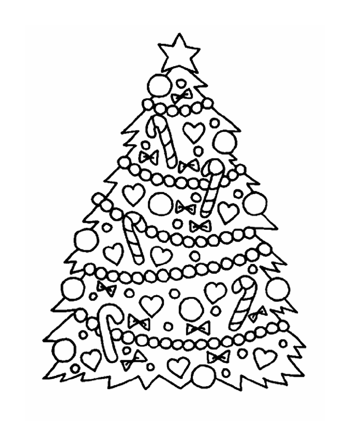  圣诞树,装饰着糖果和心 