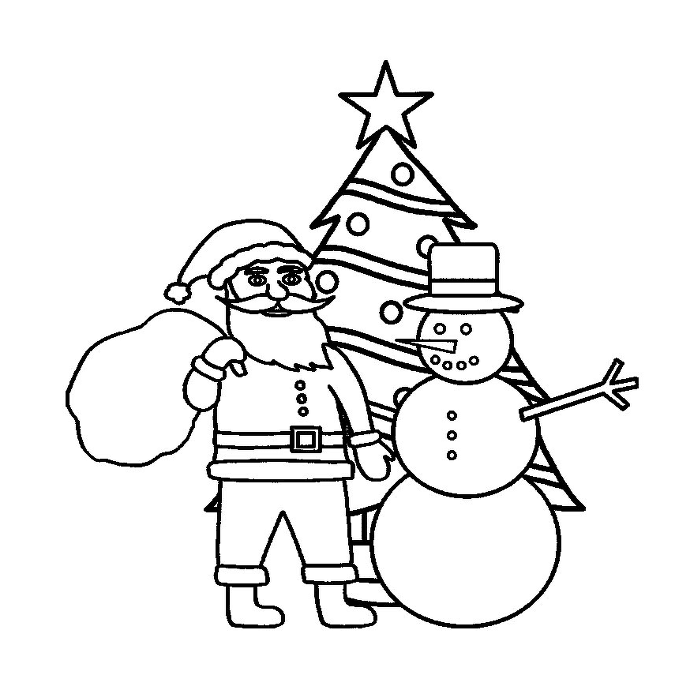  Uma árvore de Natal com Papai Noel e um boneco de neve 
