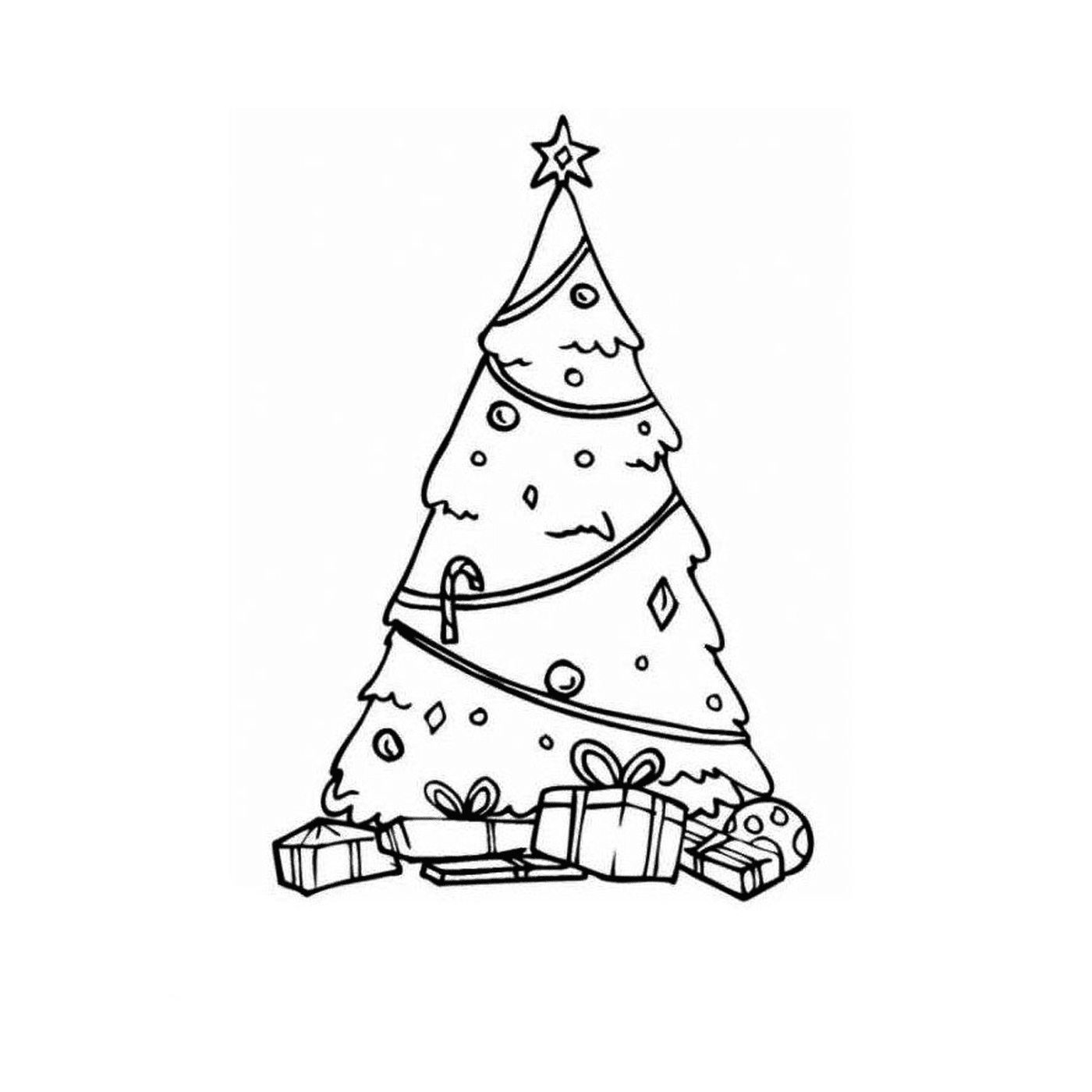 एक क्रिसमस का पेड़ जिसमें तोहफे ऊपर दिए गए हैं 