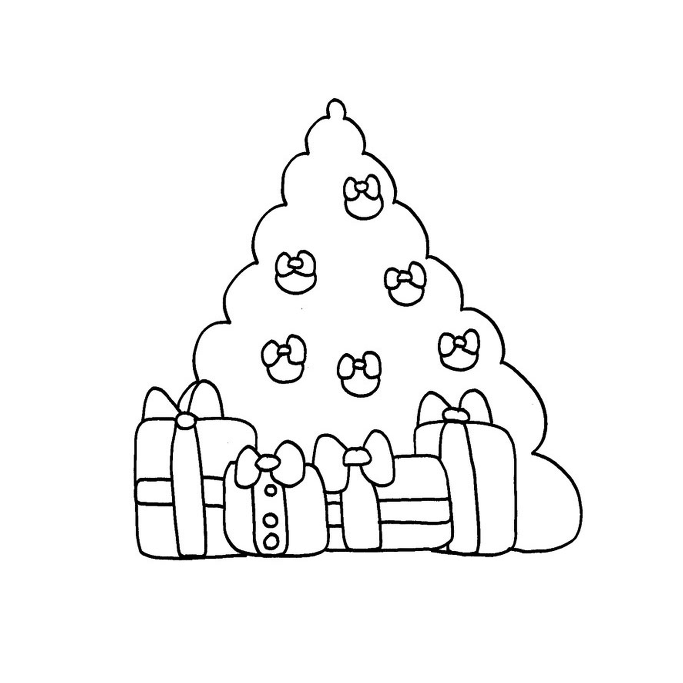  एक क्रिसमस का पेड़ जिसमें तोहफे दिए गए हैं 