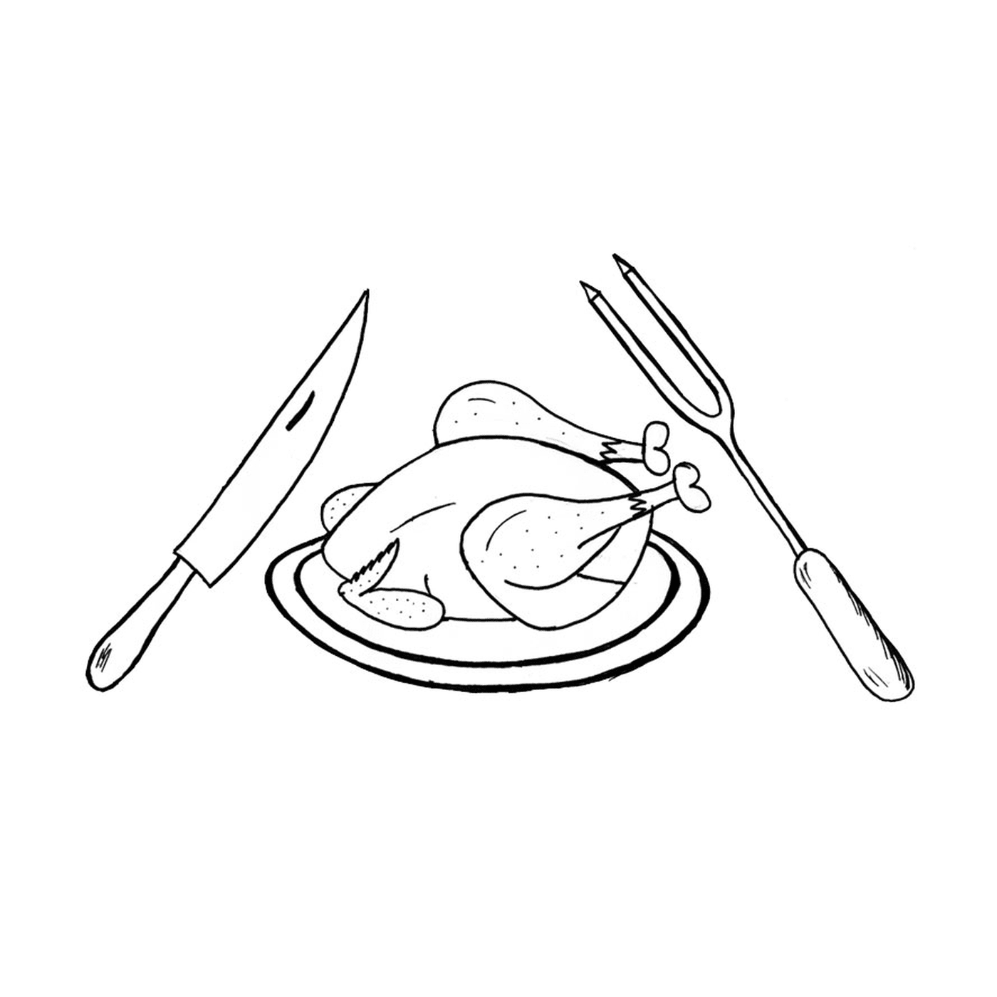  餐盘上的鸡肉,刀子,叉子和叉子 