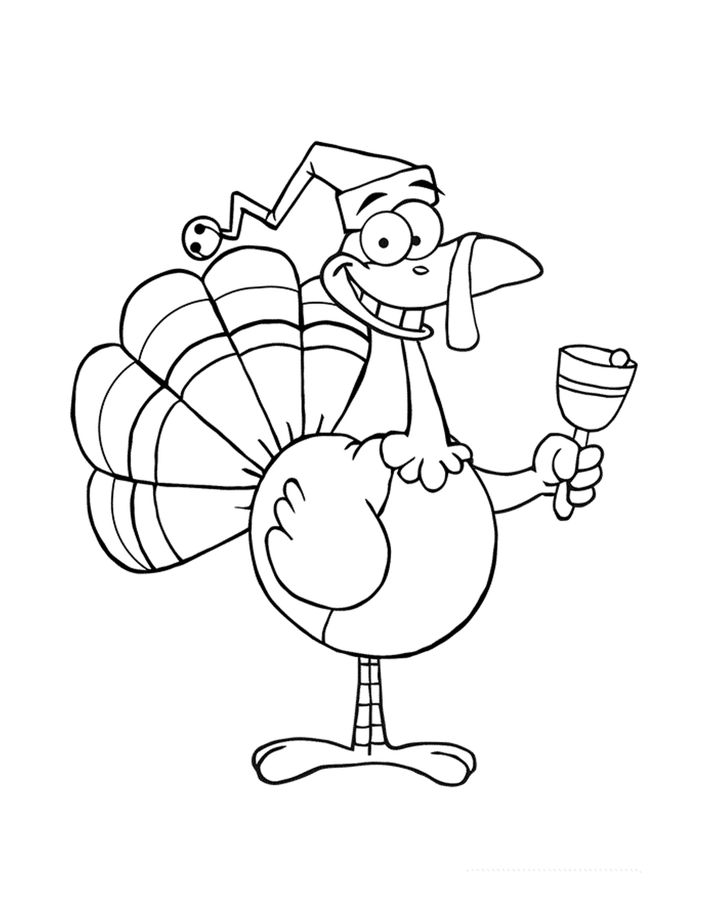  Um peru de desenho animado usando um chapéu de bufão e segurando um copo de vinho 