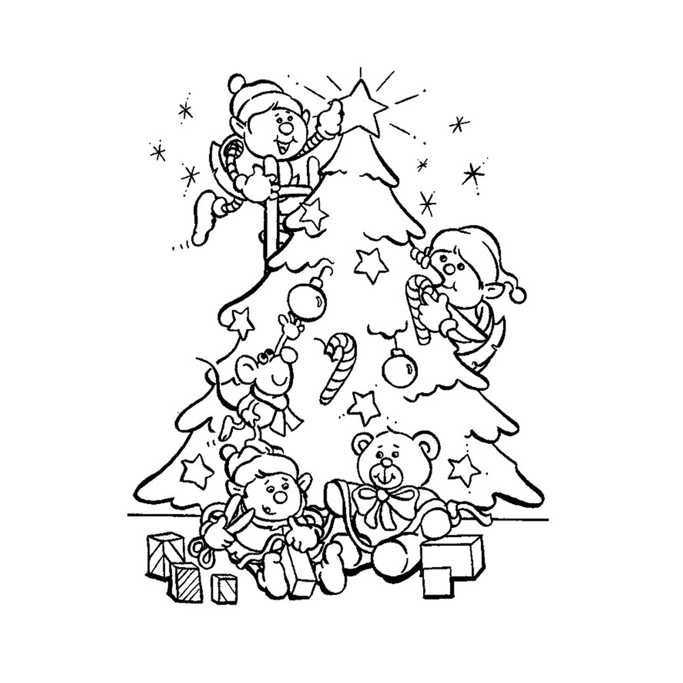  Lutins decorando uma árvore de Natal 
