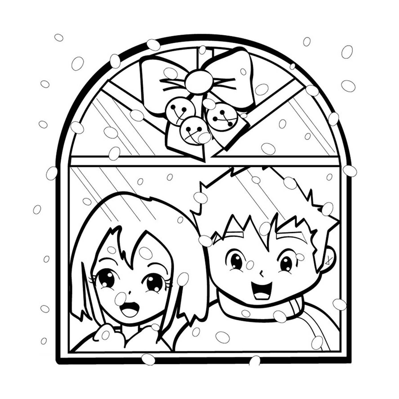  crianças na frente da janela 