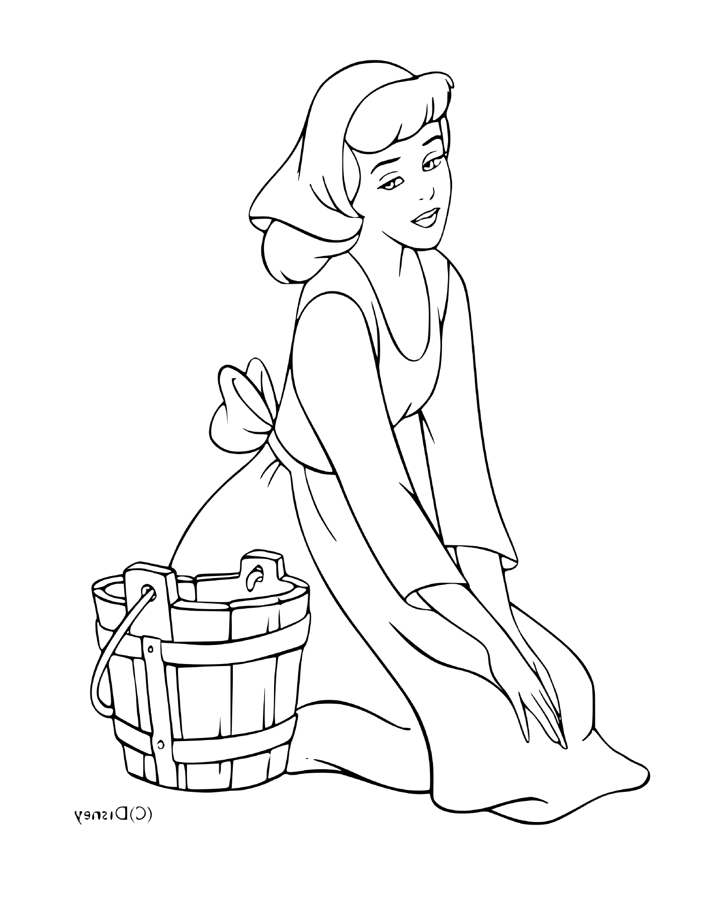  Cinderela realizando tarefas domésticas com um balde 