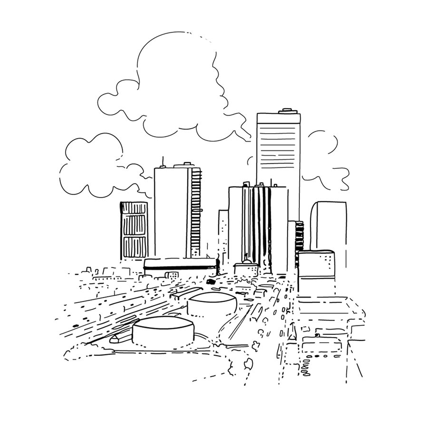  शहर, कार और बादल के साथ 