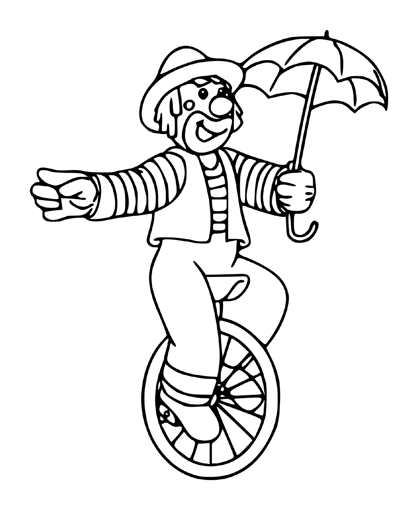  Palhaço do circo equilibrado em uma roda com um guarda-chuva 