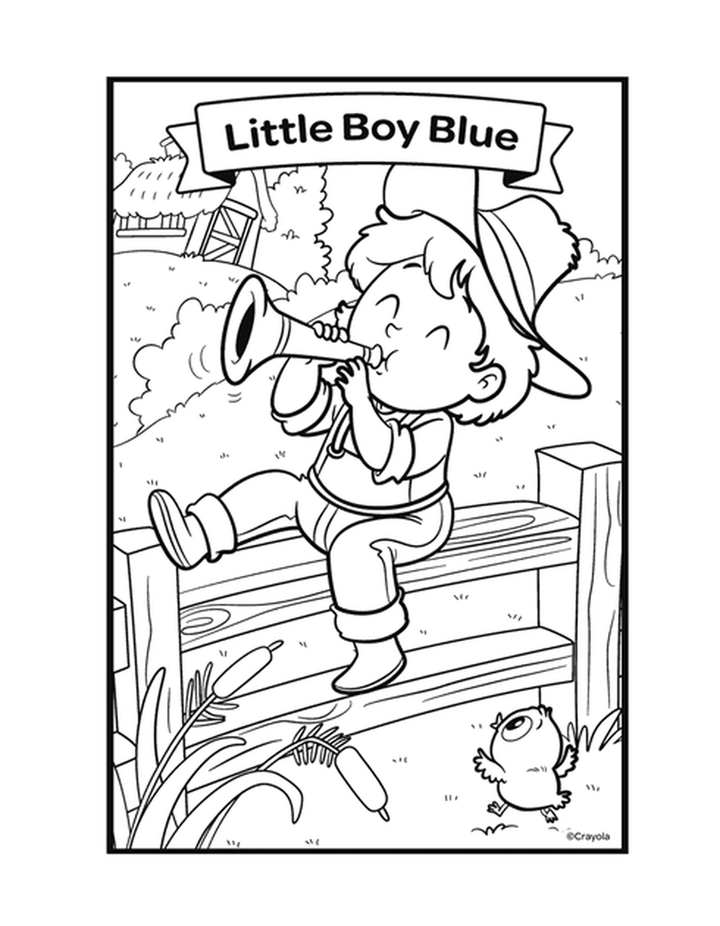  A rima O menino azul com um menino tocando trompete em um banco 