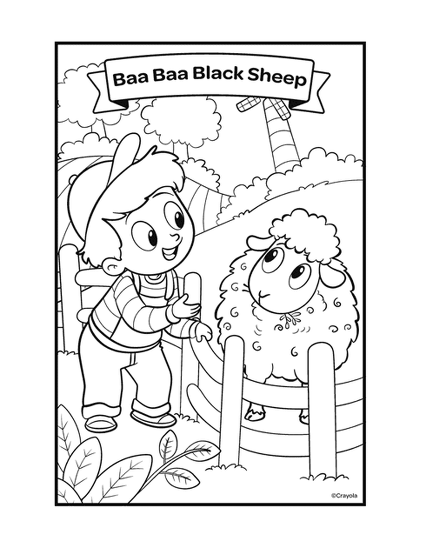  A figura Baa Baa Black Sheep com um menino acariciando uma ovelha em uma caneta 