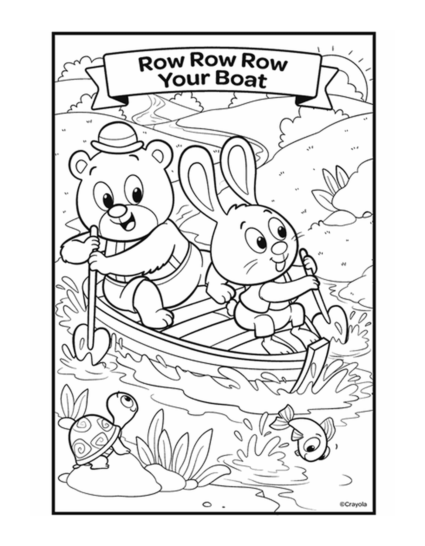  A figura Row, Row, Row Your Boat com dois animais em um barco na água 