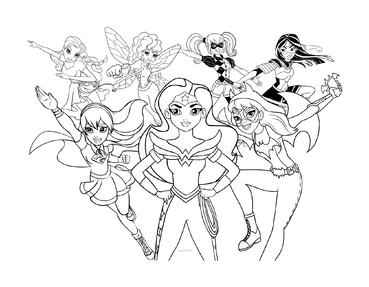  Um grupo de super-heroínas da DC posando para uma foto 