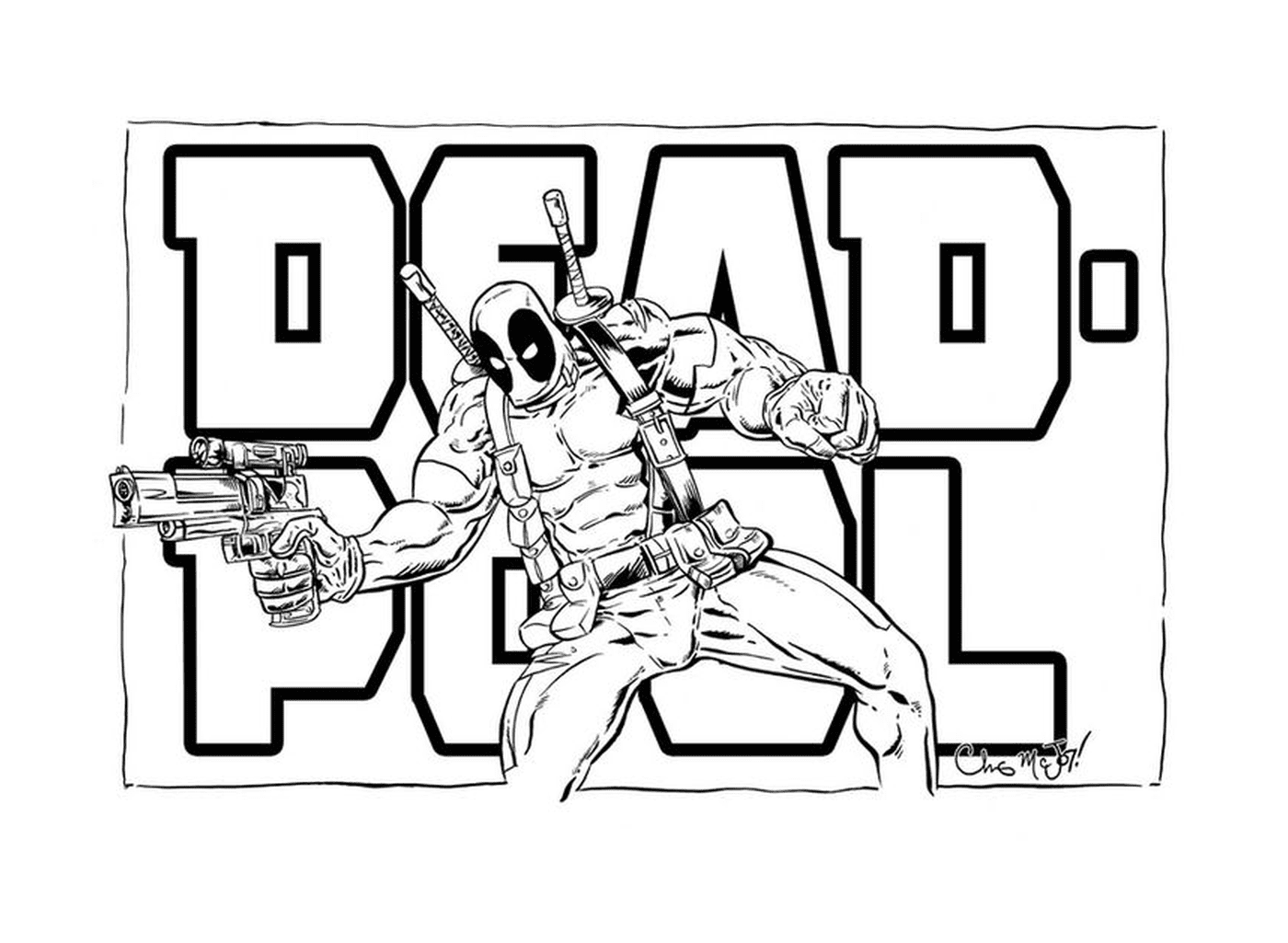  Deadpool com um rifle na frente da palavra Deadpool 