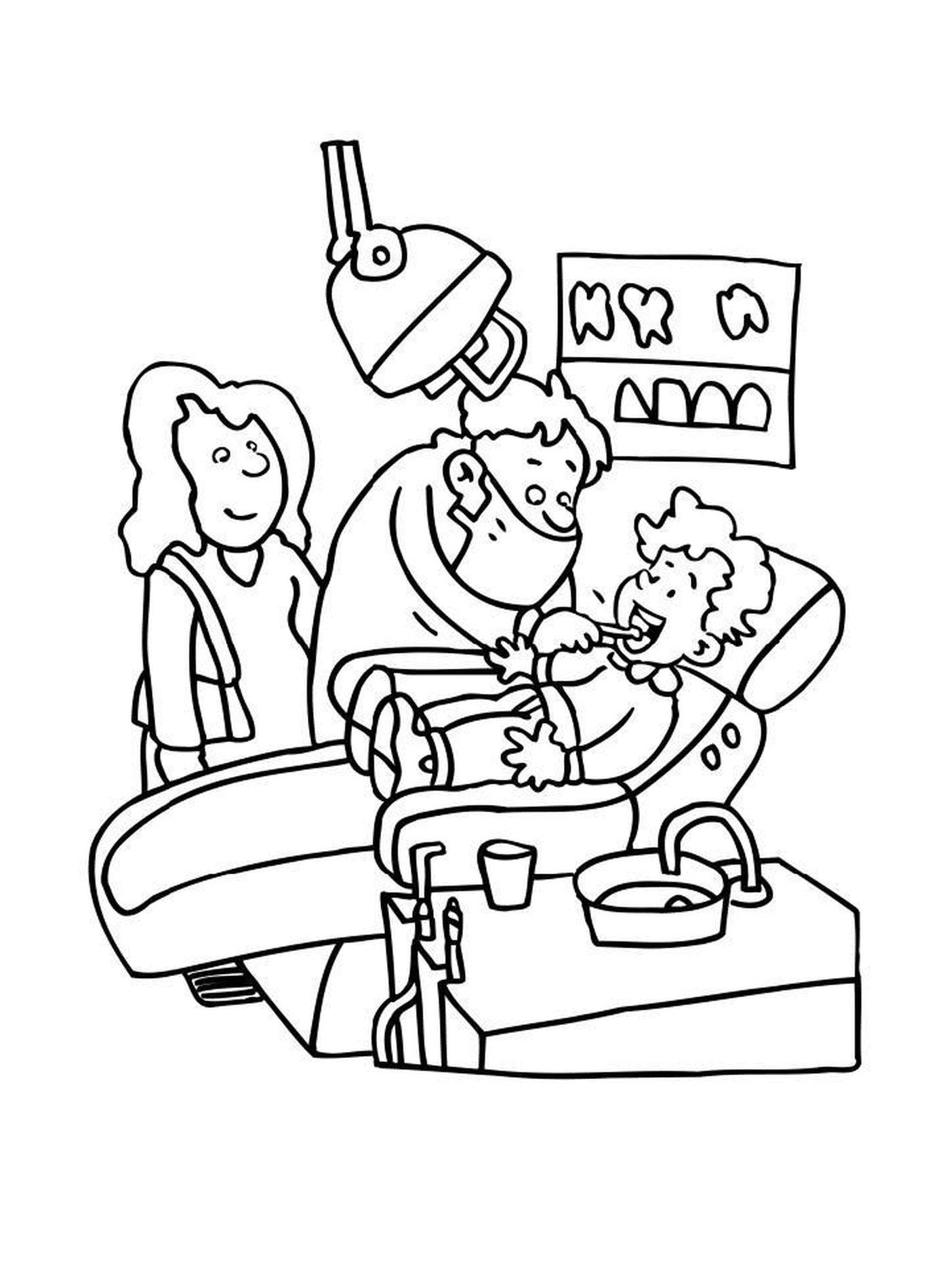  Uma criança e sua mãe visitam um dentista 
