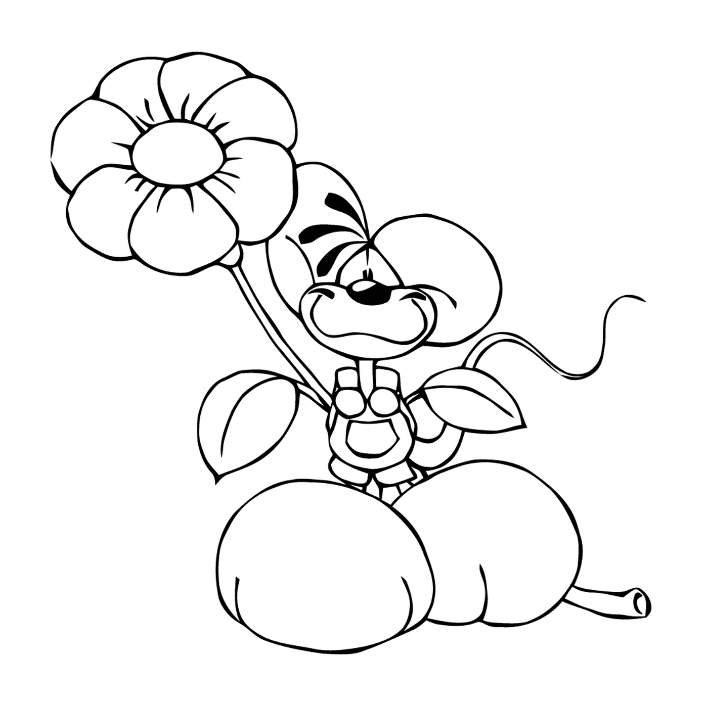  Um cão de desenho animado segurando uma flor 