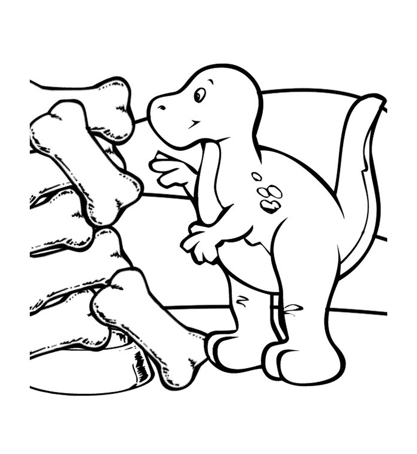  Dinossauro ao lado de ossos fossilizados 