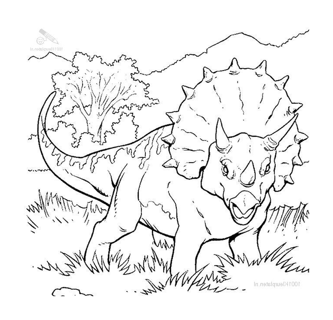  Um triceratops adulto em pé na grama 