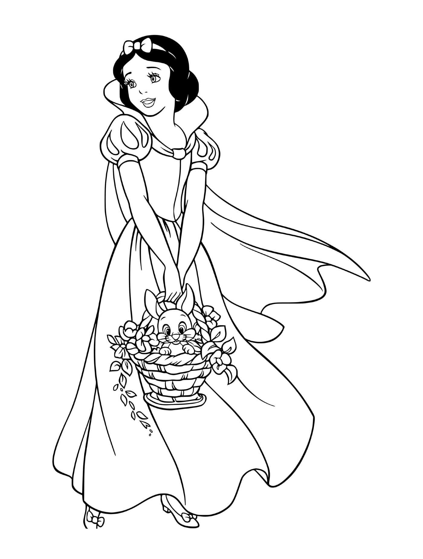  राजकुमारी बर्फ सफेद में फूलों की टोकरी को थामे हुए 