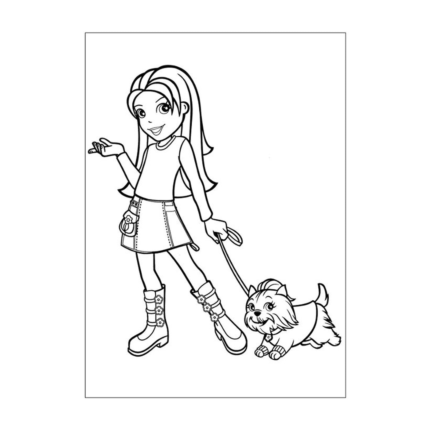  Uma menina andando um cão em uma trela 