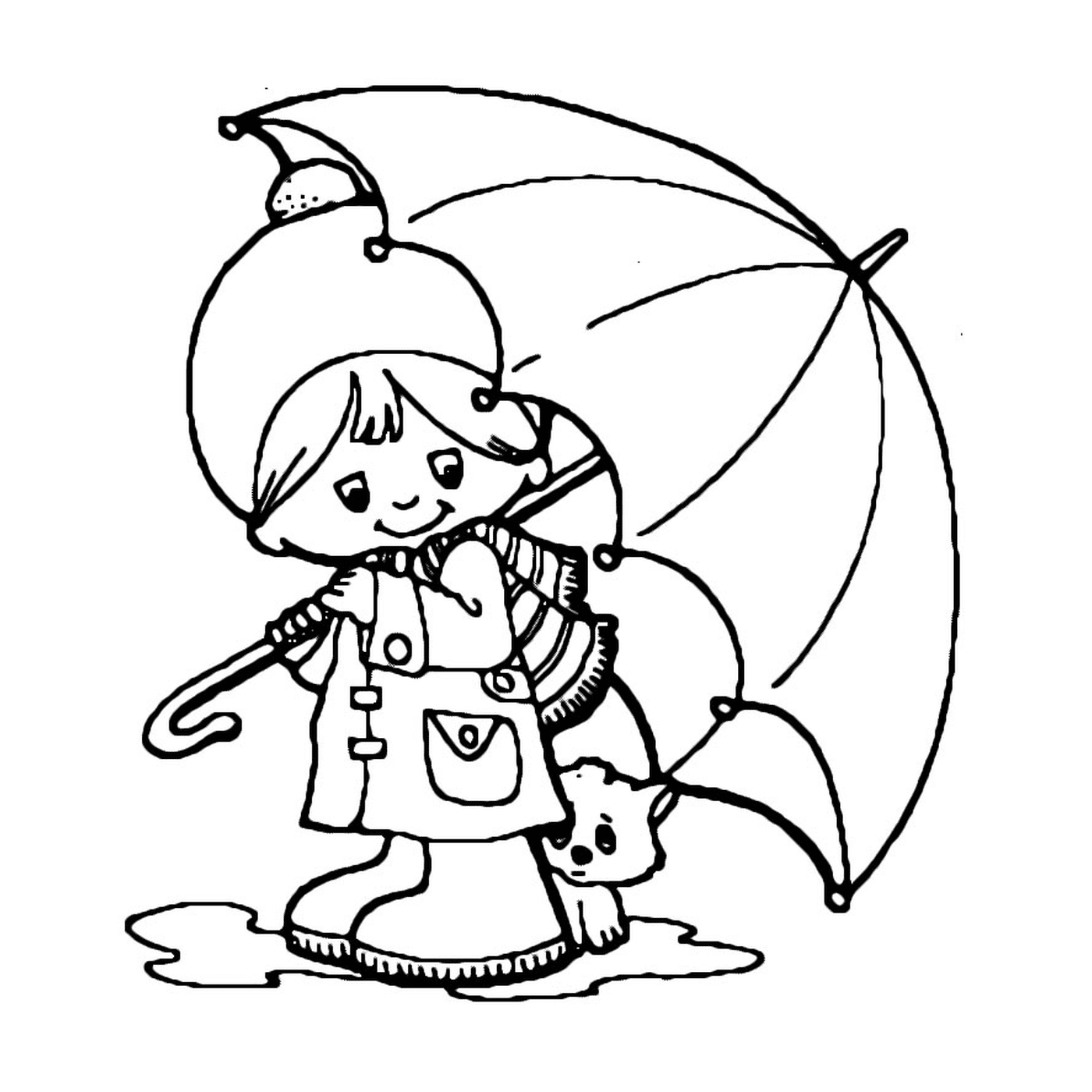 Um menino e seu cão sob um guarda-chuva 