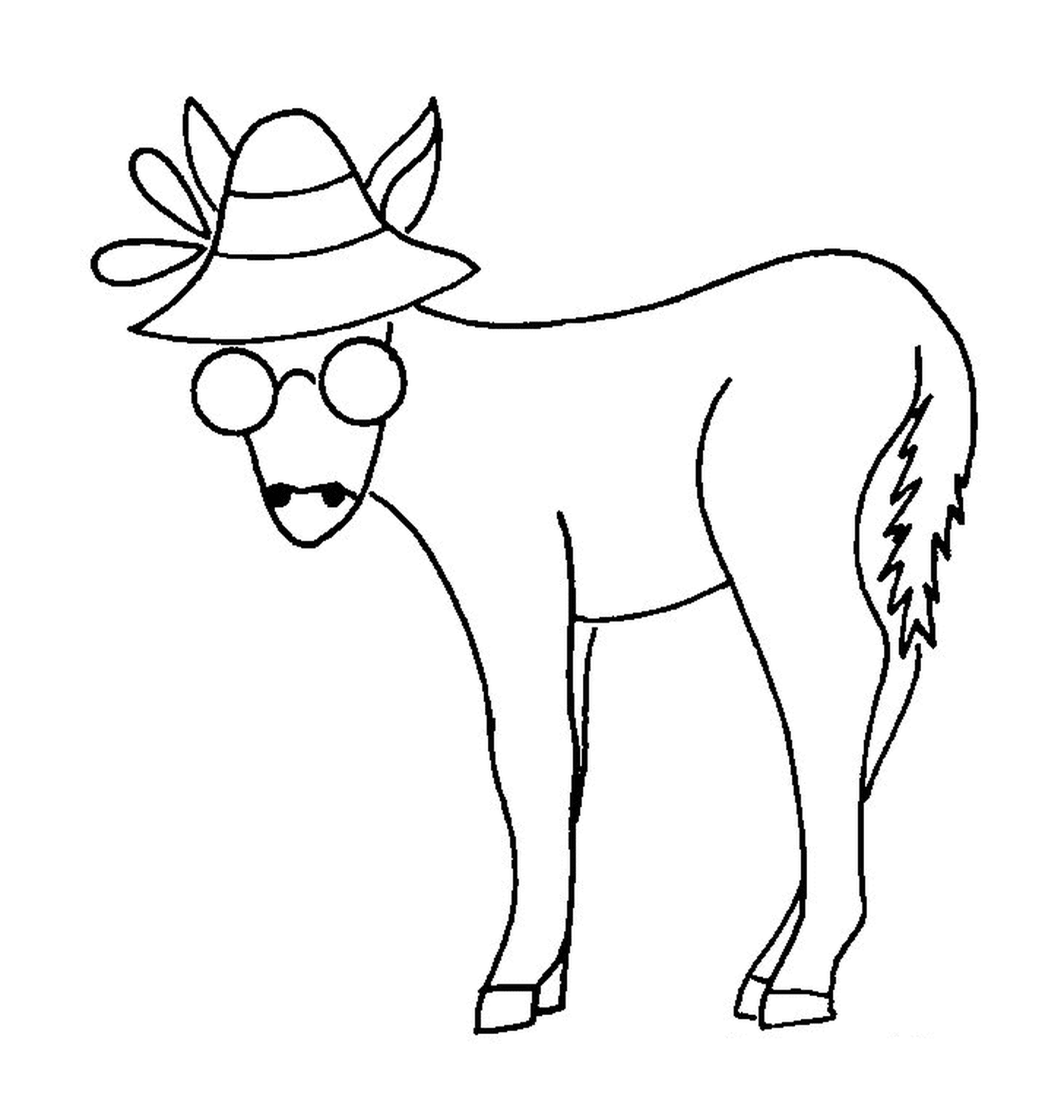  Um cavalo com um chapéu e óculos na cabeça 