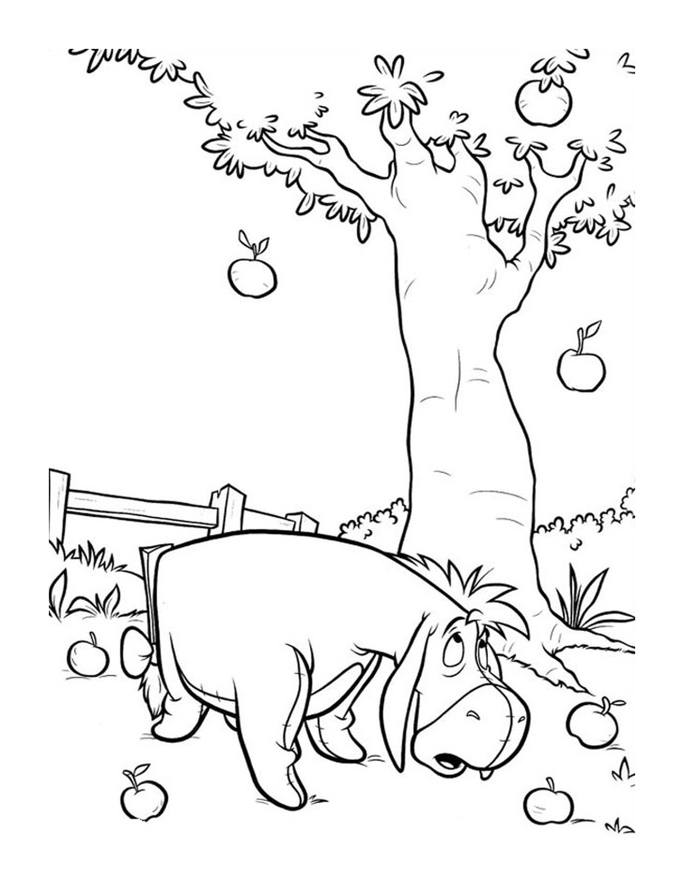  एक दरियाई घोड़ा सेब के पेड़ के बगल में खड़ा है 