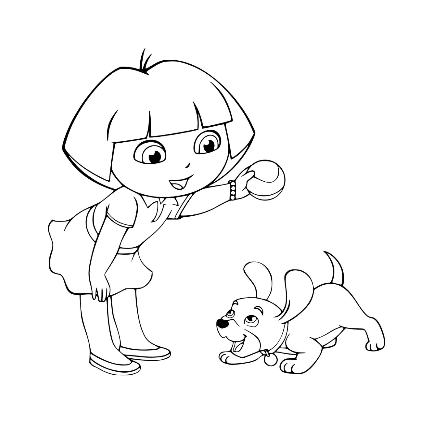  Dora joga bola com seu cão com alegria 