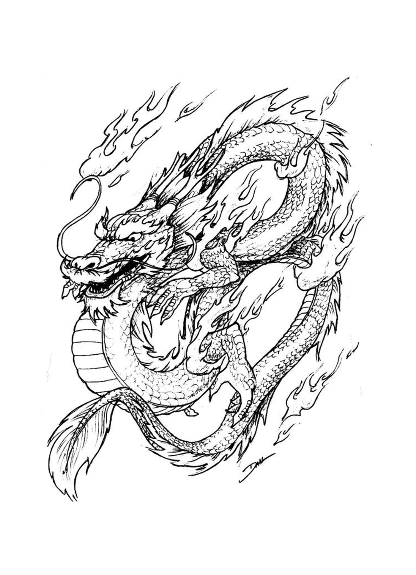  Um dragão oriental inflamado, símbolo de força e paixão 