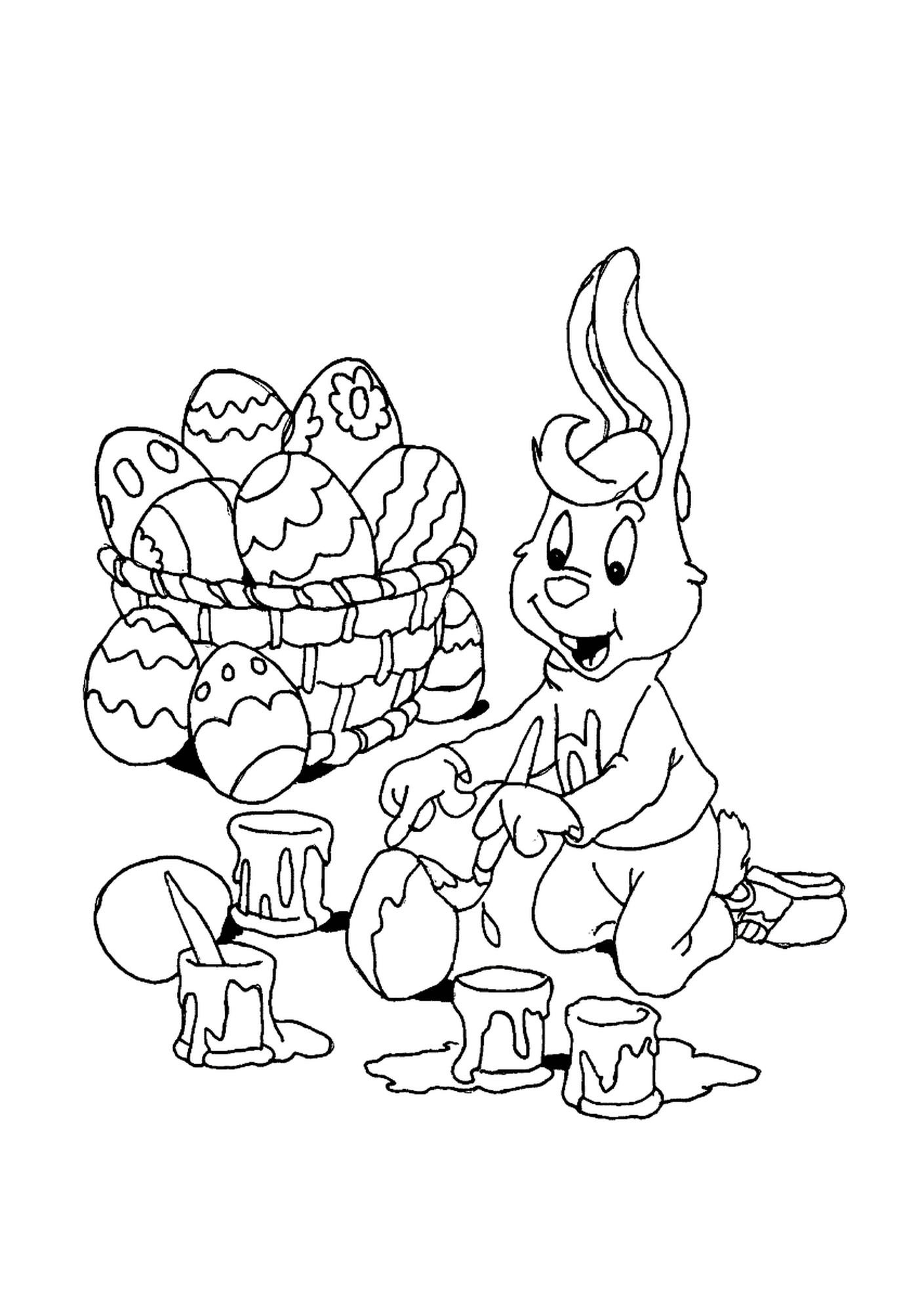  अंडे की टोकरी के सामने एक ईस्टर खरगोश 