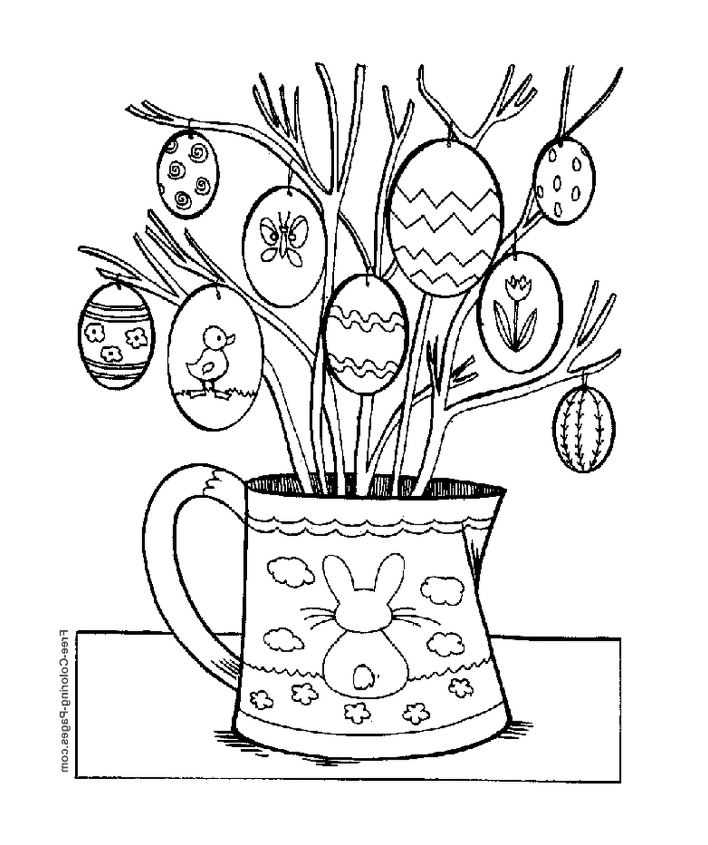  Um vaso cheio de galhos e ovos 