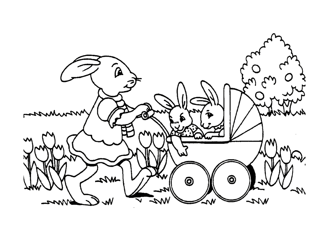  复活节兔子推着婴儿车 