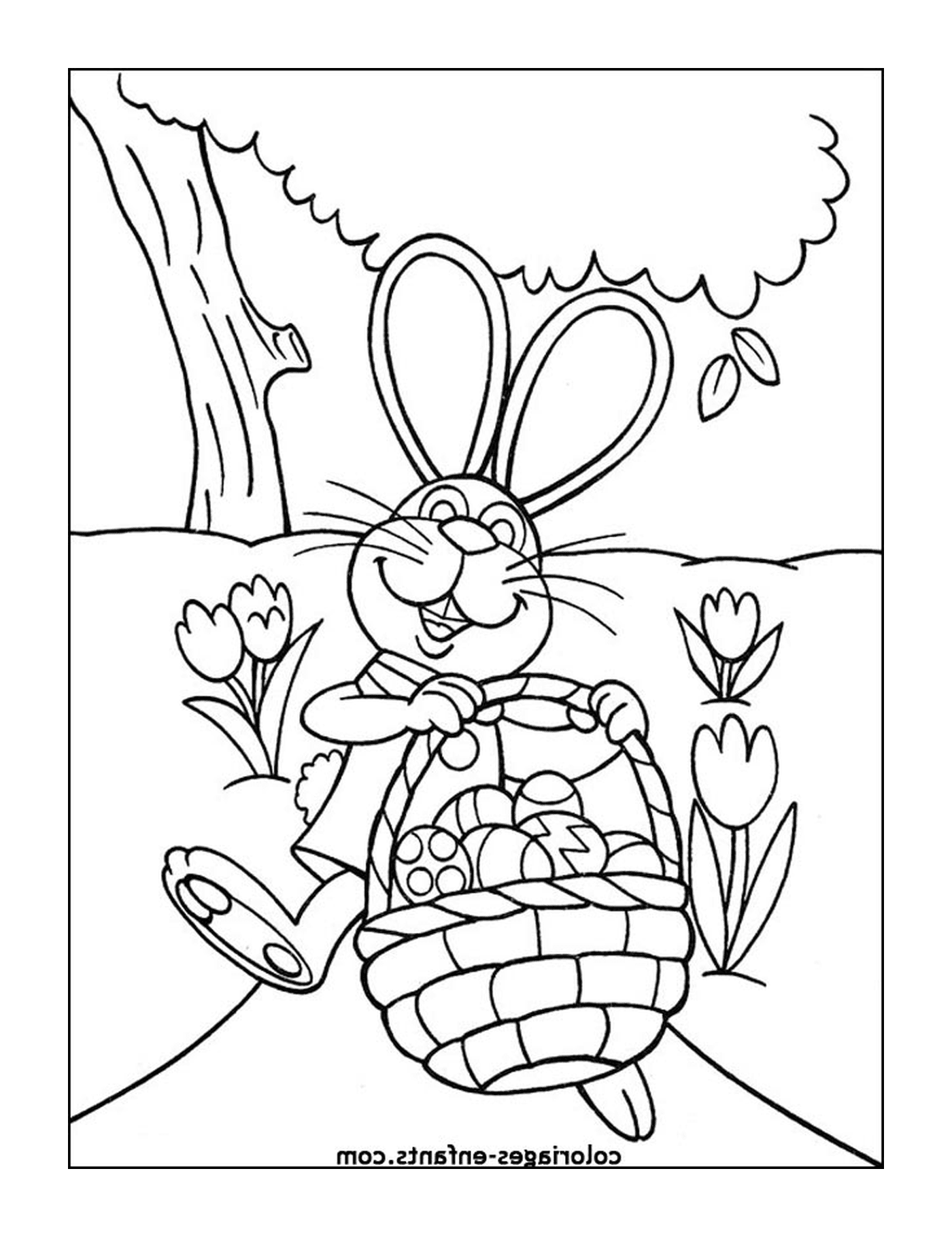  एक ईस्टर खरगोश जो अंडे से भरी टोकरी में है 