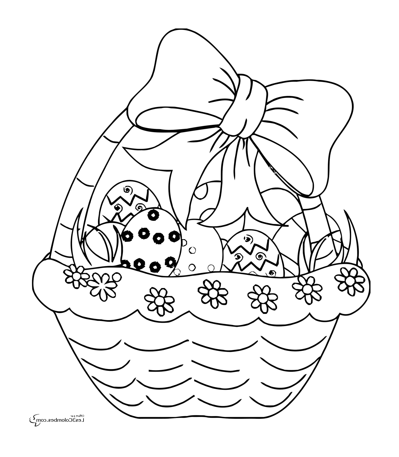  एक टोकरी जो ईस्टर अंडे से भरी हुई है, एक गाँठ से भरी हुई है 